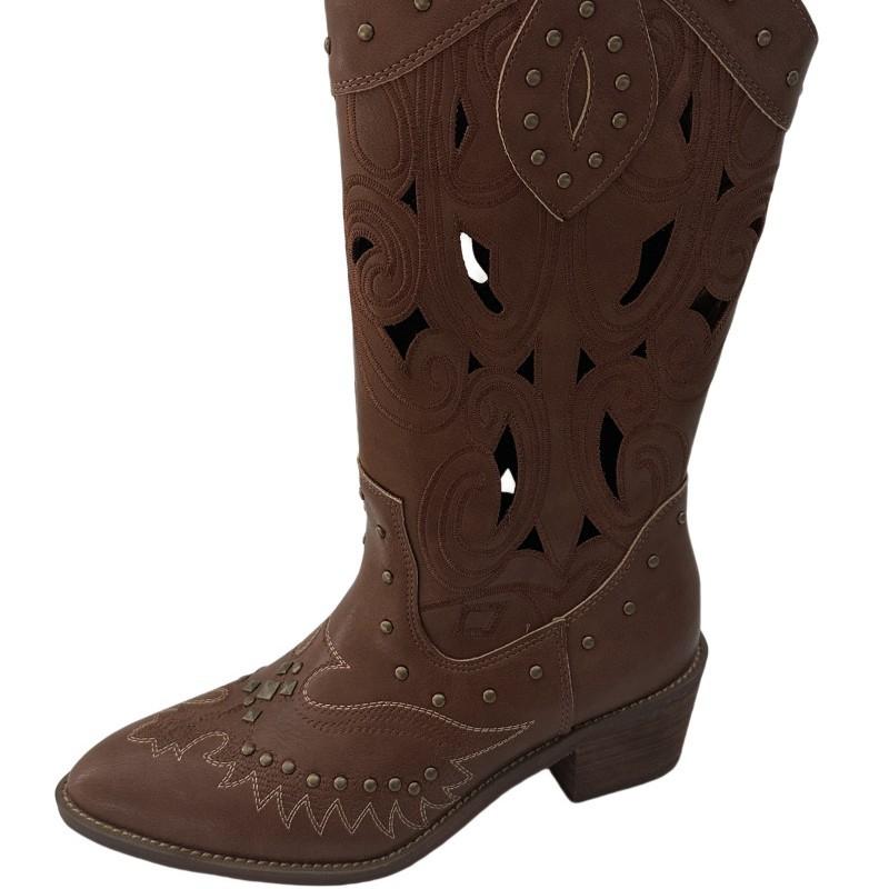 Brown hollow western cowboy boots women's 2025 autumn new embroidered thick heel mid-tube boots retro v-mouth knight boots