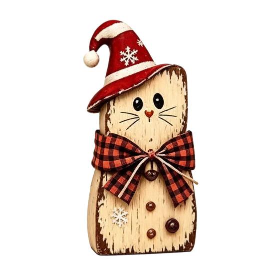 Poplar Plywood Holiday Gifts Christmas Wooden Tabletop Figurine, Hand Painted Santa Reindeer Cat Decor, Rustic Farmhouse Style Wood Ornaments Statues