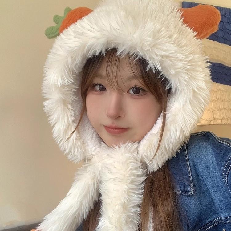 Carrot Plush Strap Lei Feng Hat for Women In Autumn and Winter New Thickened Warmth and Cold Protection Ear Protection Versatile Pullover Hat Cute
