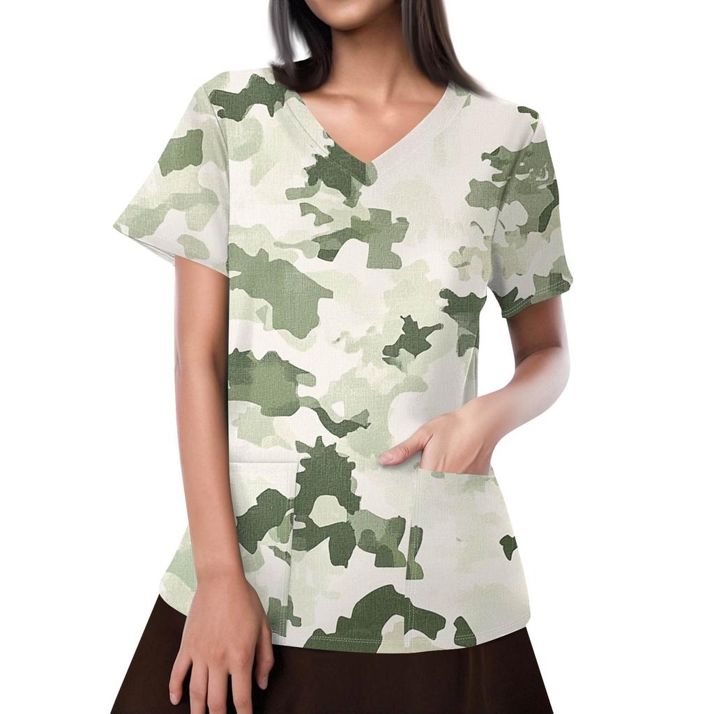 Women's Fashion Printed Short Sleeve Overalls With Pocket Tops Clothes