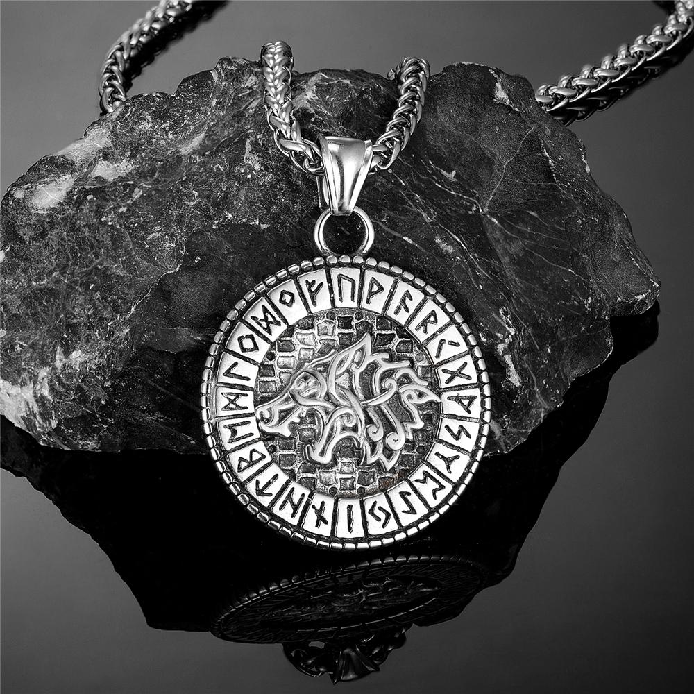 Viking Mythologie Nordique Odin Loup Colliers Hommes Couleur Or Fenrir Rune Pendentif Talisman Acier Inoxydable Masculin Bijoux Scandinaves