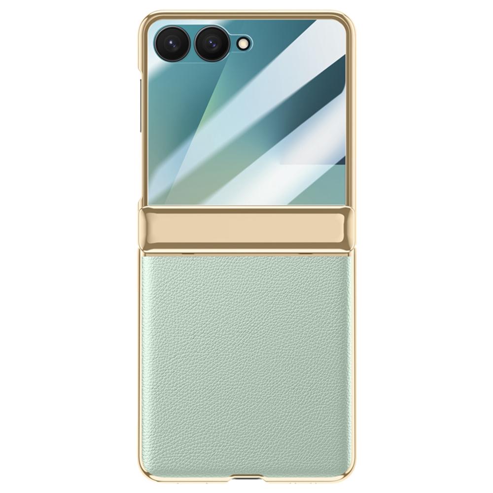För Samsung Galaxy Z Flip7 5G Skal Gångjärnsskydd Läder+PC Elektropläterat Telefonskal med HD Bakre Liten Skärmskydd