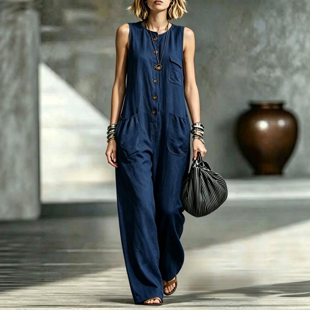2026 summer new European and American creative pocket fashion casual wide-leg women's jumpsuit