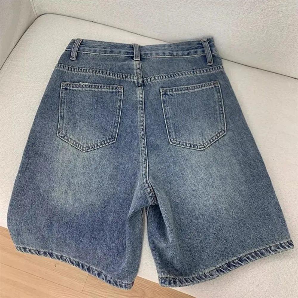 Women's High Waist Bermuda Shorts Vintage Washed Loose Straight Leg Casual Denim Shorts