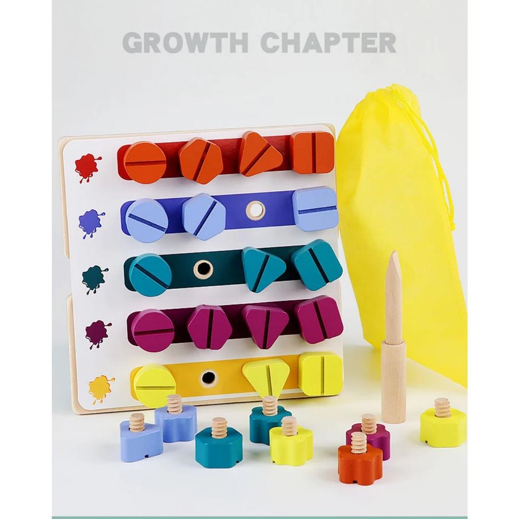 Kids Montessori Screw Driver Board Wooden Toys Basic Skills Learning Color Shape Sorting Matching Game Educational Cognitive Toy