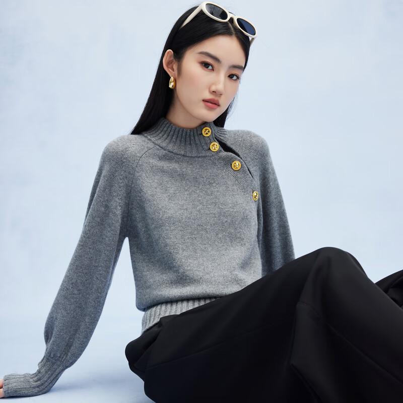 PALUOPO Women's 7-Gauge Pure Cashmere Semi-High Neck Lantern Sleeve Sweater