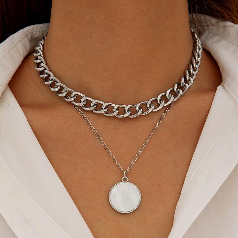 Double Geometric Round White Fritillary Pendant Neck Chain Necklace Personality Design Clavicle Chain Female