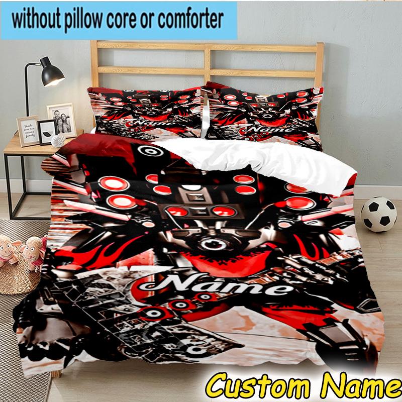 3PCS Custom Name Robo-Dance Skibidi Heart Bedding Set Including 1pc Duvet Cover And 2pcs Pillowcases for Bedroom, Dormitory Gift Home Decor