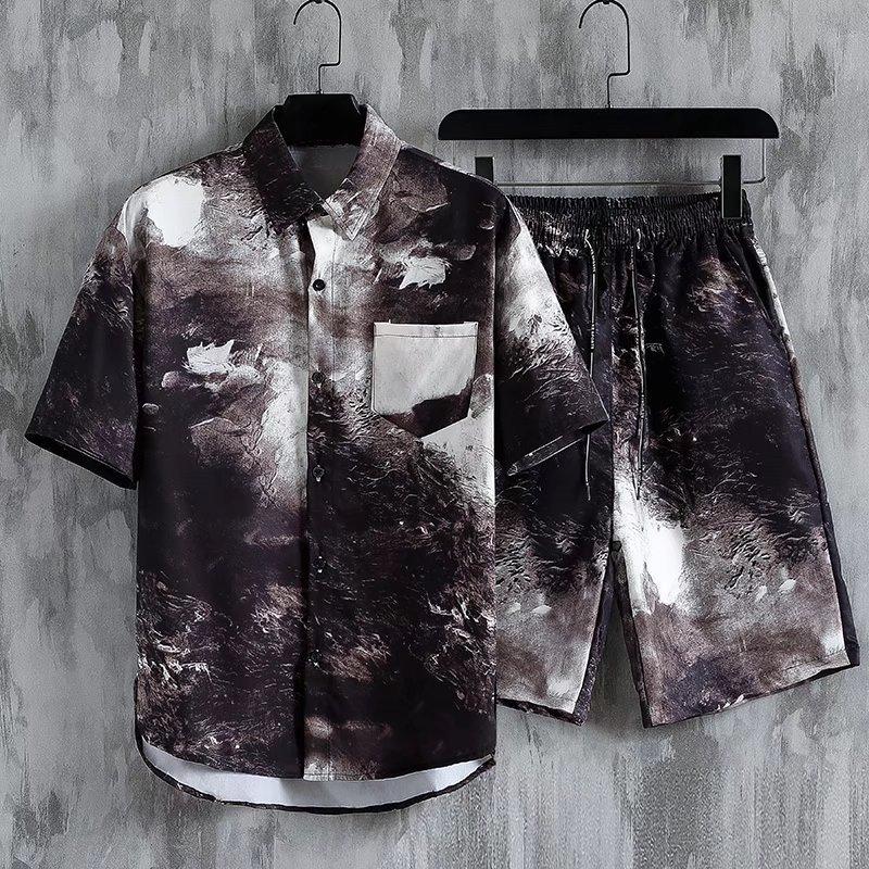 

Гавайский мужской комплект рубашек Ink Wash 3D шорты с короткими рукавами рубашка с цветочным принтом Пляжный отдых Лето XL