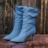 Denim High Heels Damen Herbst Spitz zulaufend Plissiert Zum Hineinschlüpfen Dünner Absatz Dünne Oberschenkelhohe Stiefel