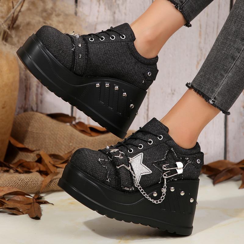 Gothic Chunky Platform Wedges Denim Women Mary Janes Shoes 2024 New Y2k Sweet Cute Women Shoes Pumps Loafers Comfy Shoes