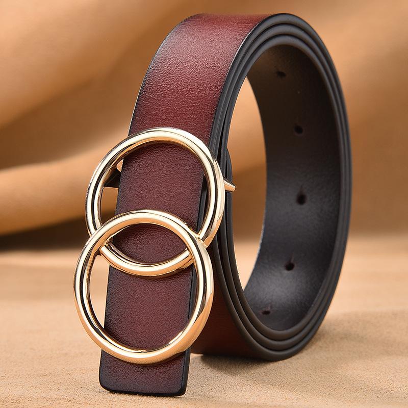 European and American spot popular belt women's and women's leather smooth buckle versatile double circle round buckle leather belt