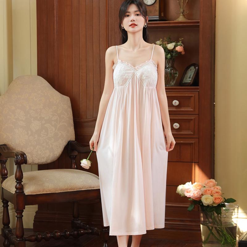 Court Style Lace Camisole Nightgown with Bra Pads - Sexy Cotton Long Sleep Dress for Women