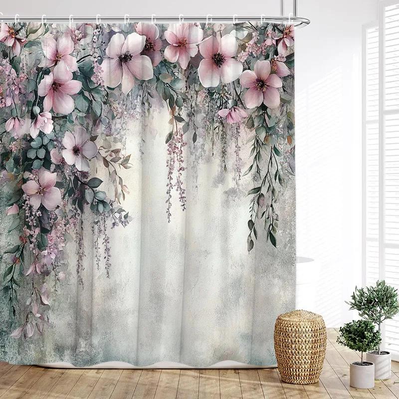 Liane Floral Shower Curtain Pink Floral Country Plant Polyester Fabric Bathroom Curtain Hook for Home Decoration