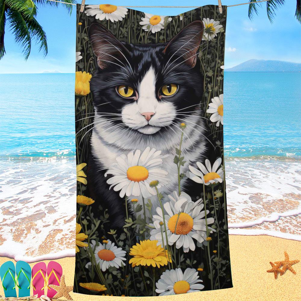 Cat Print Pattern Digital-printed Polyester Superfine Fiber Double-sided Fleece Beach Vacation Bath Towel, Beach Towel