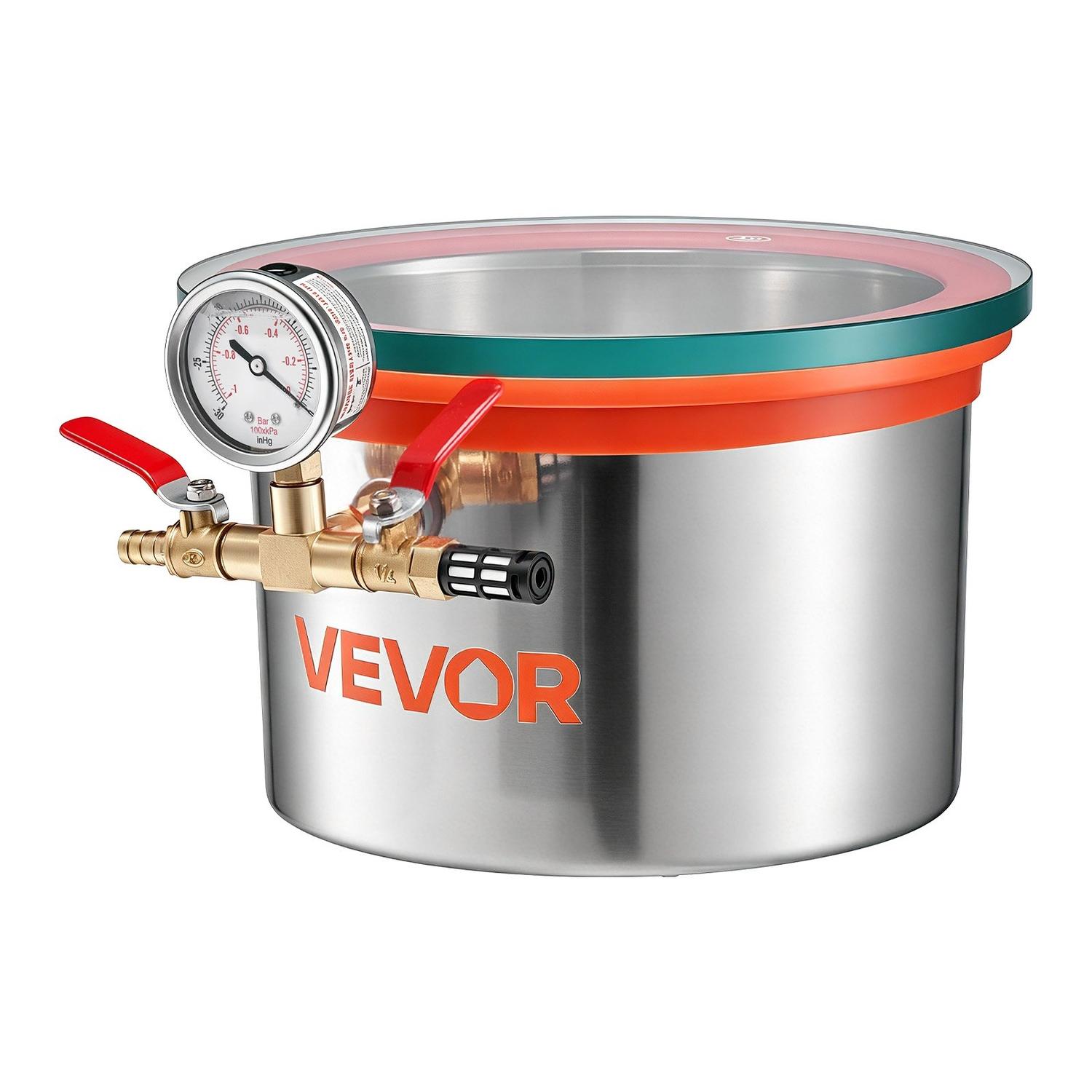 Chambre à vide 5,7 L, Acier inoxydable, Chambre de dégazage sous vide avec couvercle en verre trempé, Tuyau, Filtre à air, Idéal pour le moulage de résine, la stabilisation du bois,