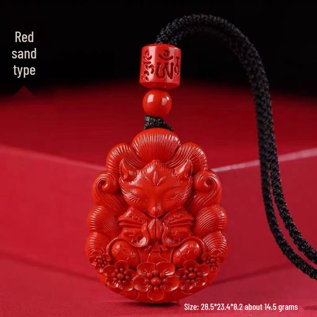 Cinnabar Zisha Red Nine-Tailed Fox Pendant Necklace & Keychain Charm