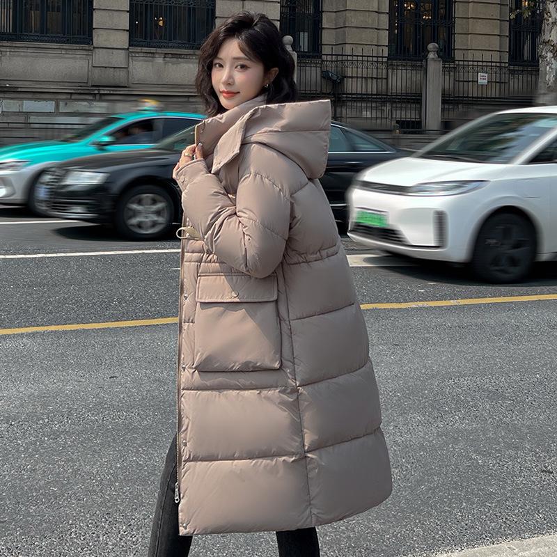 Winter New Horn Buckle Loose Down Cotton Long Women's Padded Hooded Over-the-knee Cotton Coat.