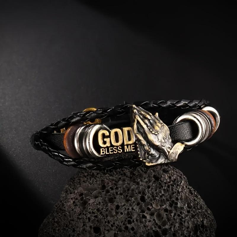 

Да благословит Бог Регулируемый плетеный браслет ручной работы в стиле ретро из искусственной кожи для молитвы чёрный