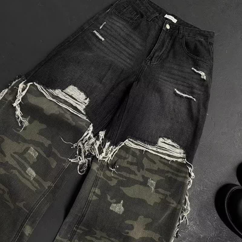Mens Distressed Oversized Denim Pants With Camo Patchwork Loose Fit Streetwear Cargo Style