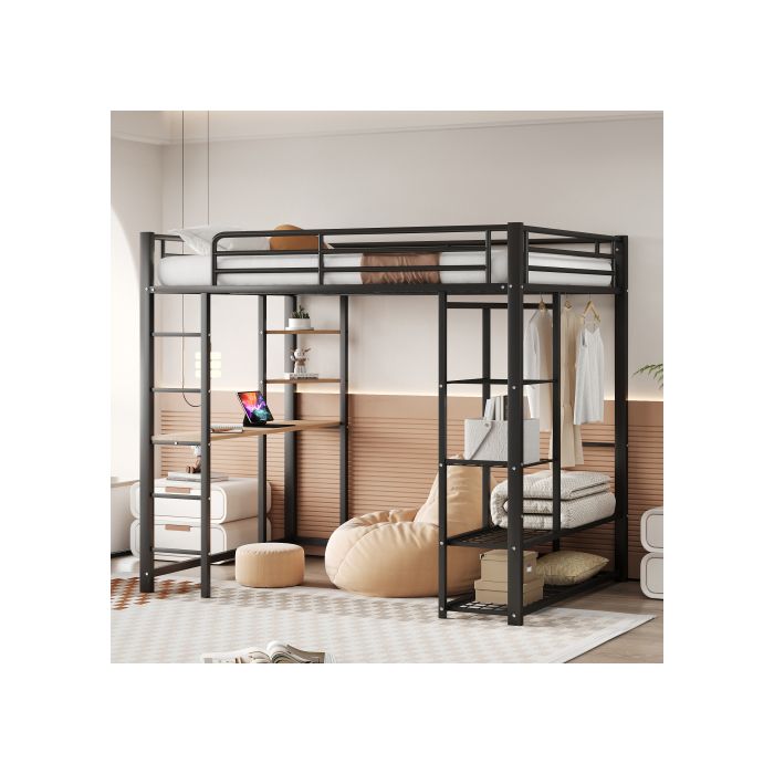 Lit mezzanine - MUVOE - 140x200 cm - Métal noir - Table de travail - Penderie intégrée