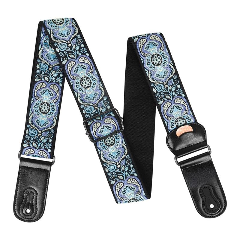 National Style Guitar Strap with Pick Pocket Adjustable Soft Cotton Shoulder Strap Leather Ends Guitar Straps