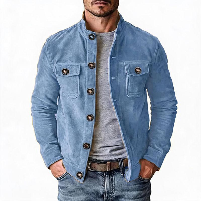 Men's Suede Casual Jacket Stand Collar Solid Color Workwear Multi Pocket Outerwear