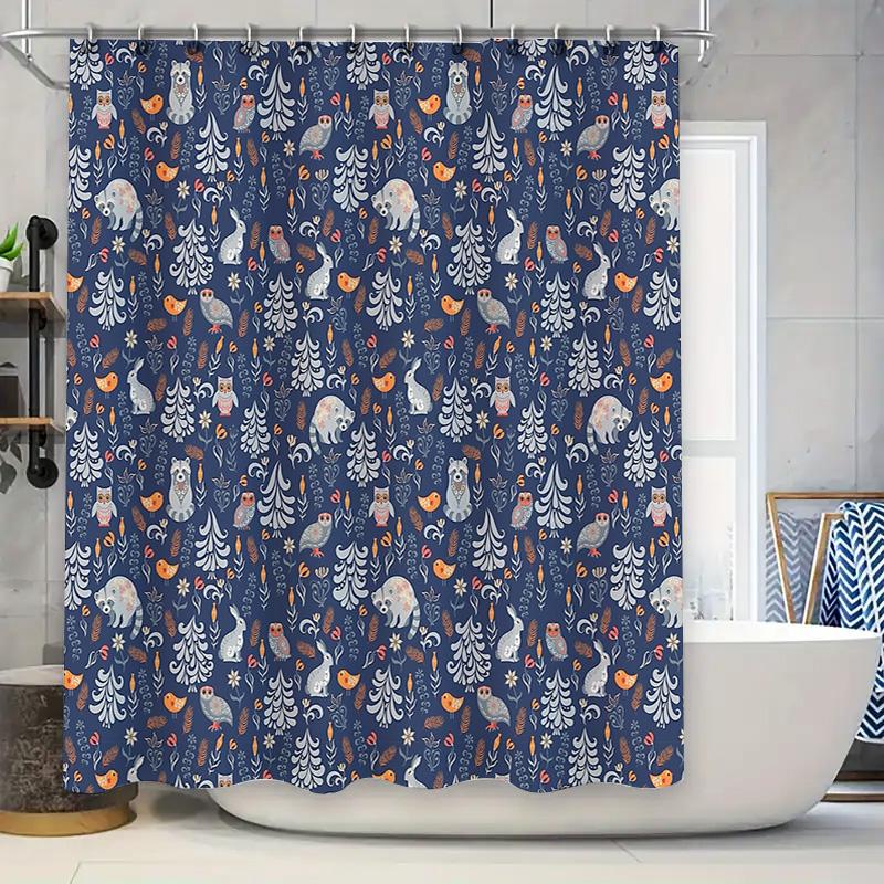

Vintage Blue Raccoon Forest Shower Curtain Set Waterproof Farmhouse Bathroom Decor Woodland Animal Pattern Curtains For W60H190(CM)-1 Pcs