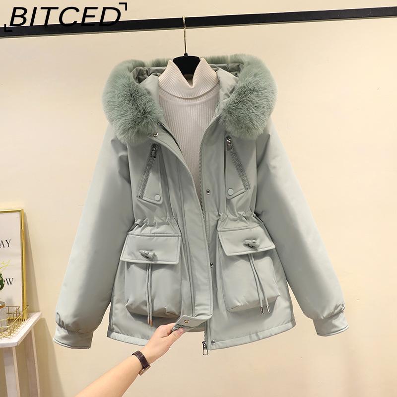 

BITCED Horn Buckle Puffer Coat for Women - Autumn/Winter Slimming Down Jacket with Fashionable Fleece Lining and Thick Fur Trim XXXL зелёный