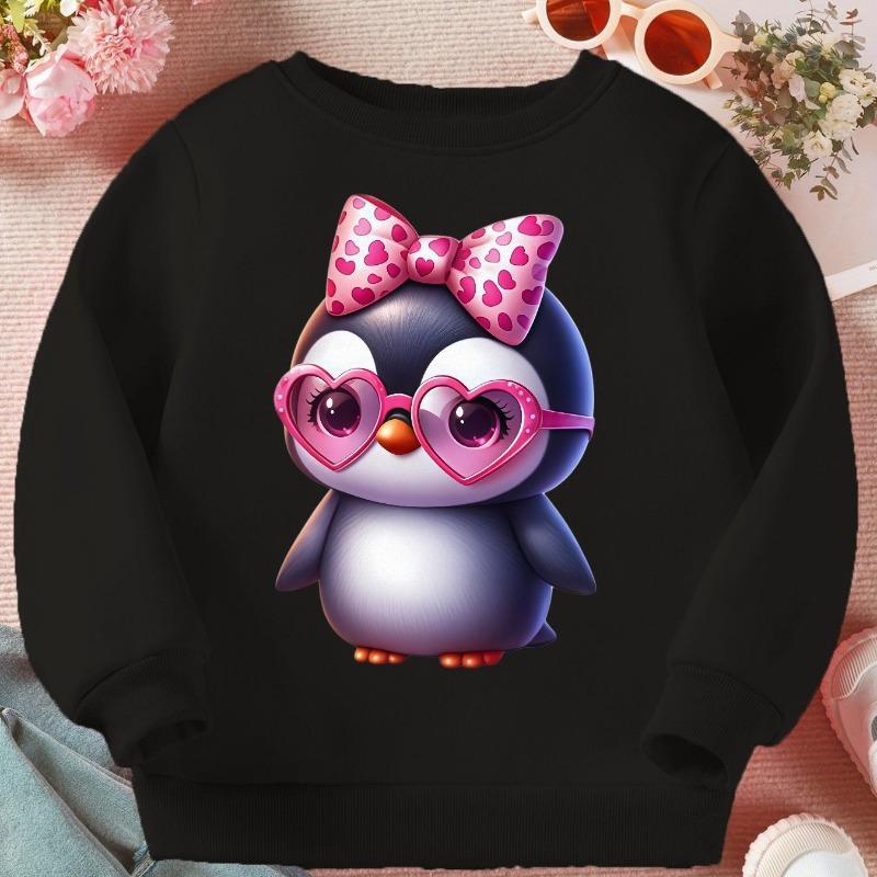 Kids Crewneck Long Sleeve Sweatshirt, Cute Cartoon Penguin with Pink Heart Glasses & Bow Print 110