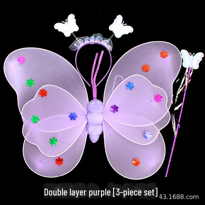 Children's Glow Angel Costume: Girl's Gauze Skirt with Flashing Wings and 20-Light Butterfly Design, 3-Piece Set.