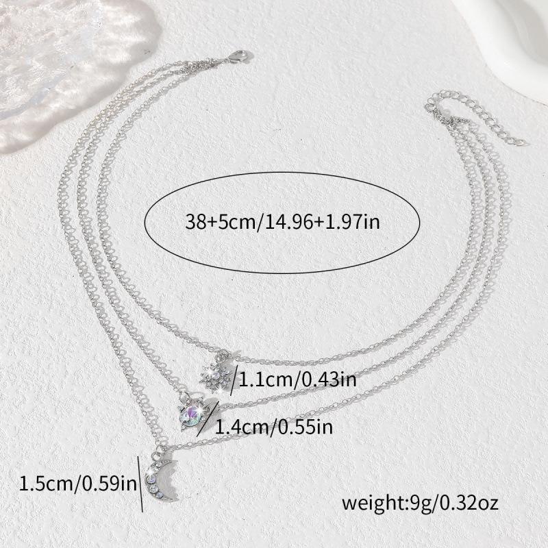 European & American Star Moon Zircon Pendant Necklace: Women's Three-Layer Clavicle Chain with Large Main Stone & Simple Design