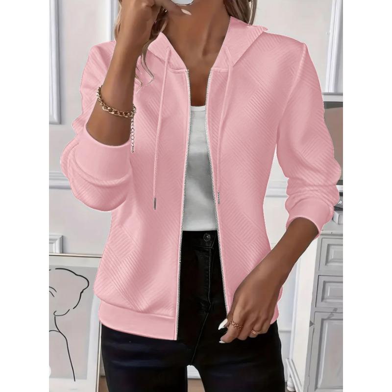 Women Solid Color Loose Long Sleeve Zipper Hooded Knit Jacket