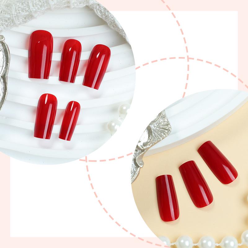Medium-Long Red Press-On Nails - Solid Color High-End Fake Nails for New Year