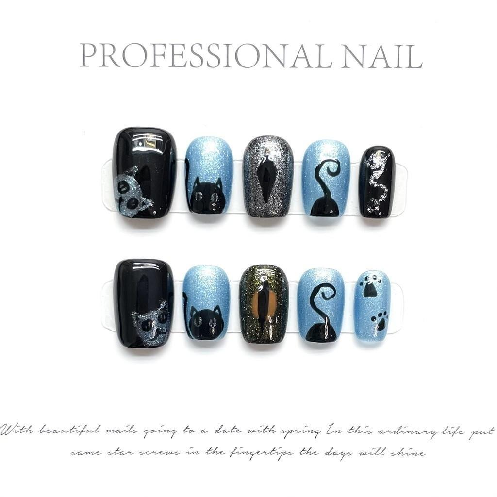 100% HANDMADE Press On Artificial Nail Short Coffin Shape Summer Starry Sky Light Blue Crystal Cat Eye Horror Cat Phototherapy Nails Fake Nail