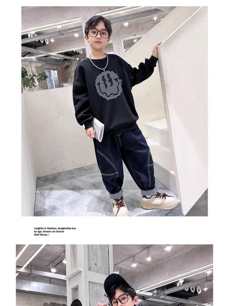 2024 Boys' Smiley Print Long Sleeve Sweatshirt - Spring/Autumn Style for Big & Middle Kids