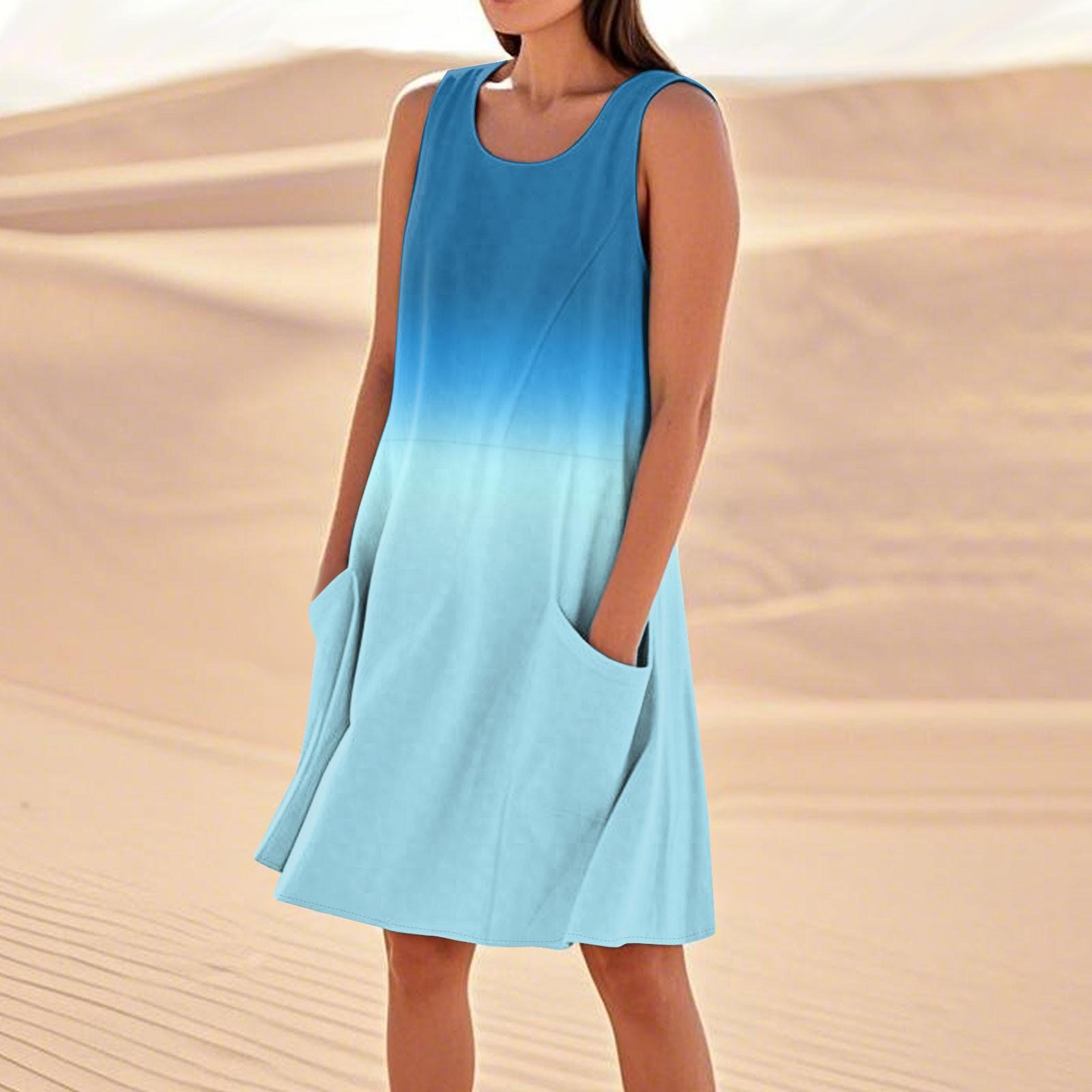 

Women s Fashion Casual Gradient Print Sleeveless Pocket Beach Dress XL синій