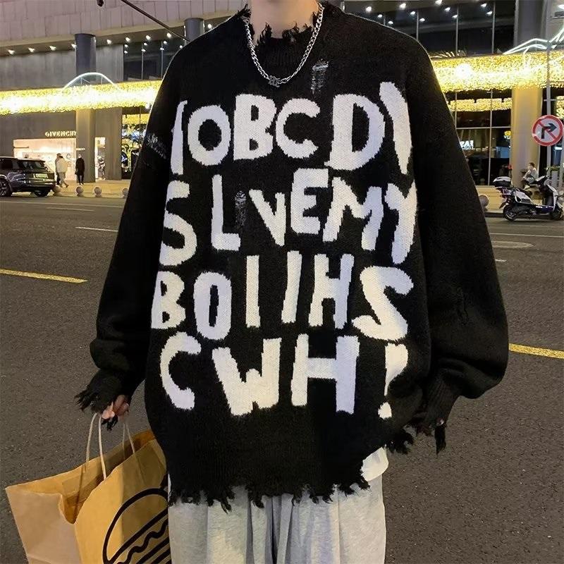 Свитер с принтом букв Свободный вязаный пуловер L