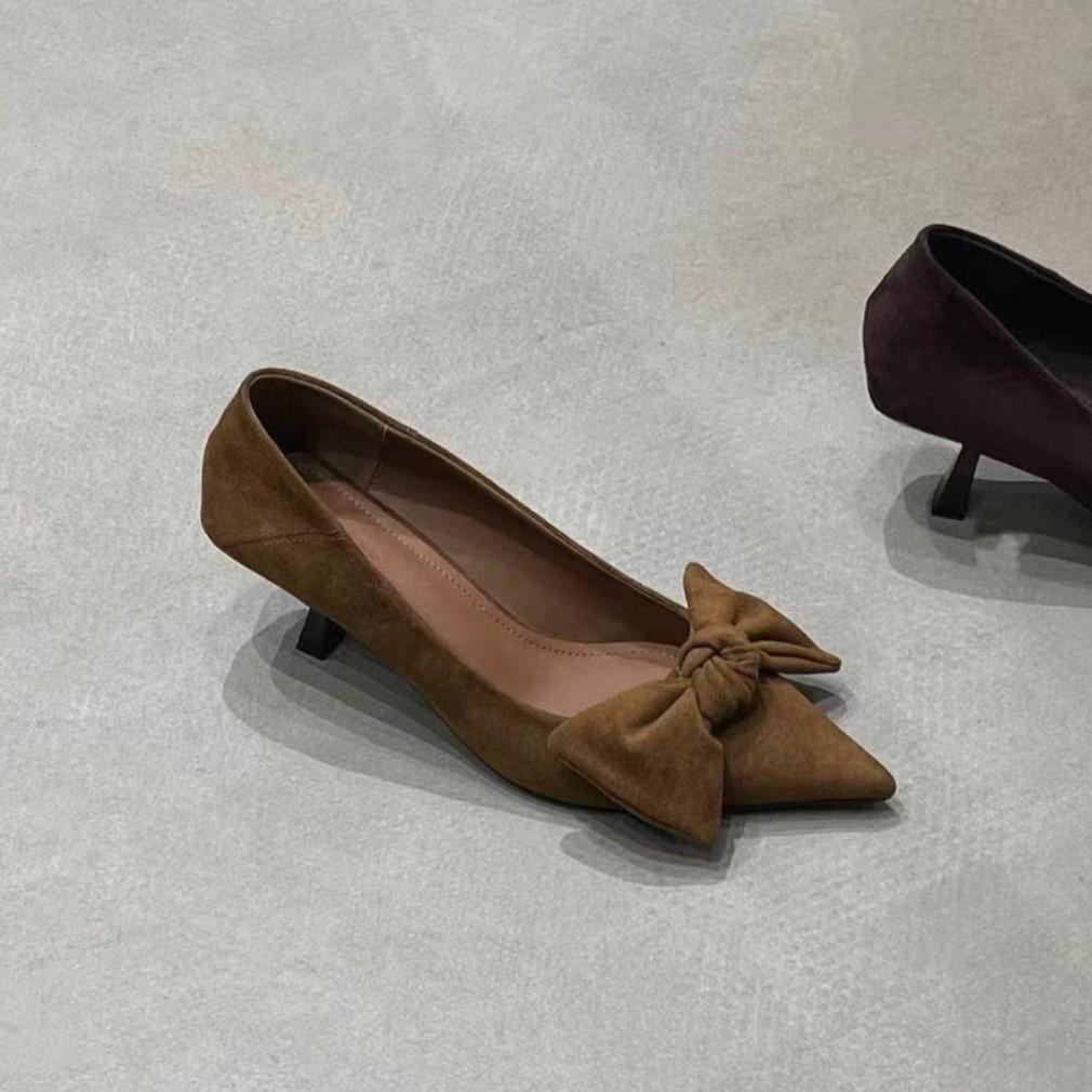 2025 autumn new pointed suede bow retro high heels women's fashion versatile stiletto commuter shoes