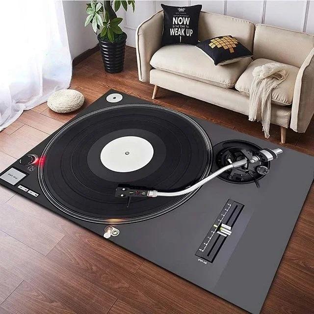 Spacious Vinyl Record-Inspired Rug for Living Room Non-Slip Floor Mat for Bedroom Stylish Carpet Décor Machine Washable