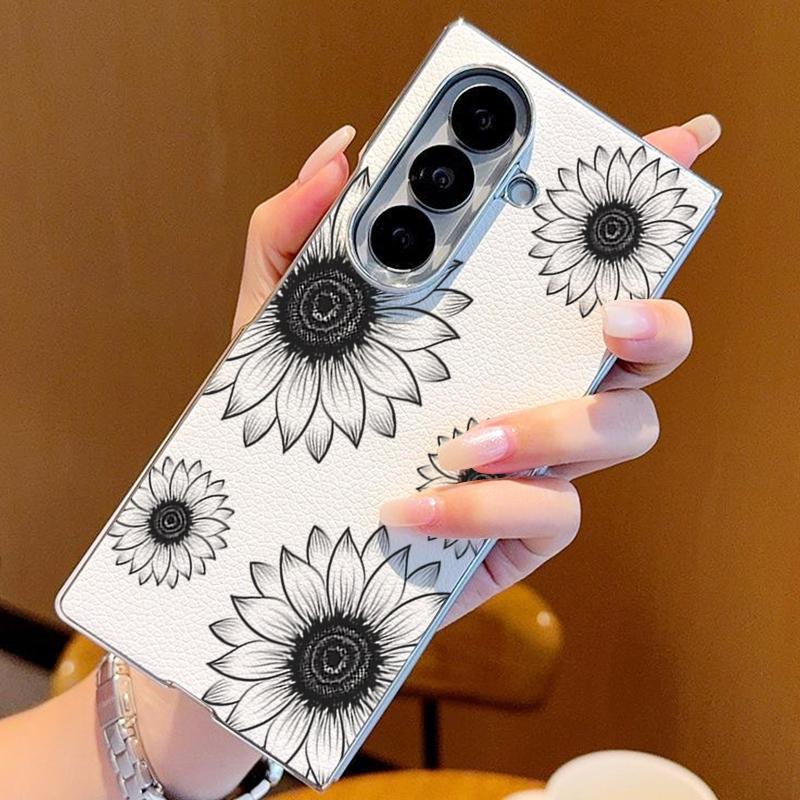 Line Flower Pattern Case For Samsung Z Fold 7 6 5 Luxury Hybrid 3in1 Leather Skin Plating Folding Phone Cover For Samsung Z Fold7 Fold6 Fold5