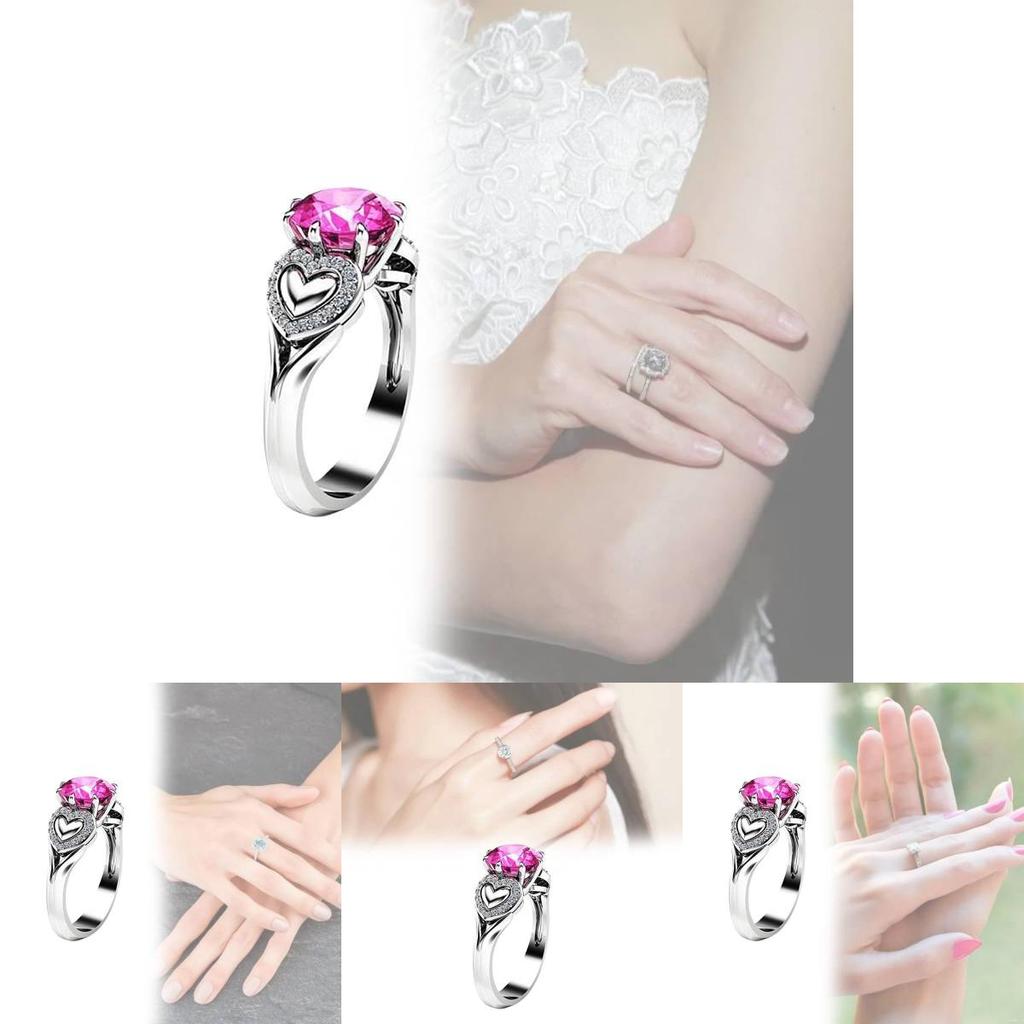 Bague Tendance en Forme de Cœur avec Cristal Zircon Rose et Anneau Réglable Plaqué Argent pour Femmes