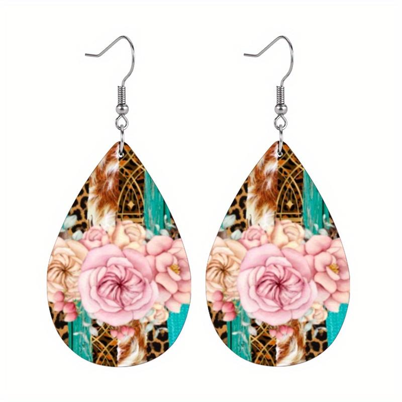 Vintage Style Golden & Pink Flower Pattern PU Leather Earrings for Women Elegant Earrings Birthday Gifts Mother's Day Gifts Christmas Gifts