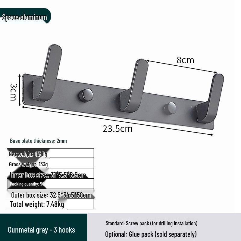 Space Aluminum No-Drill Clothes Hook for Bedroom/Bathroom Doors
