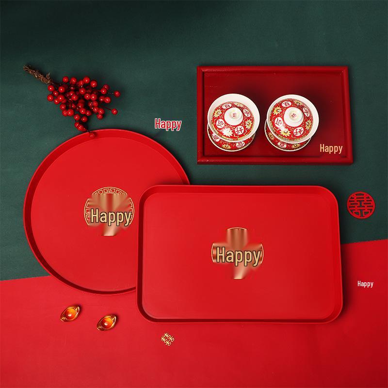 Wedding Toast Rectangular Tray Set: Red Candy and Tea Ceremony Plates for Newlyweds
