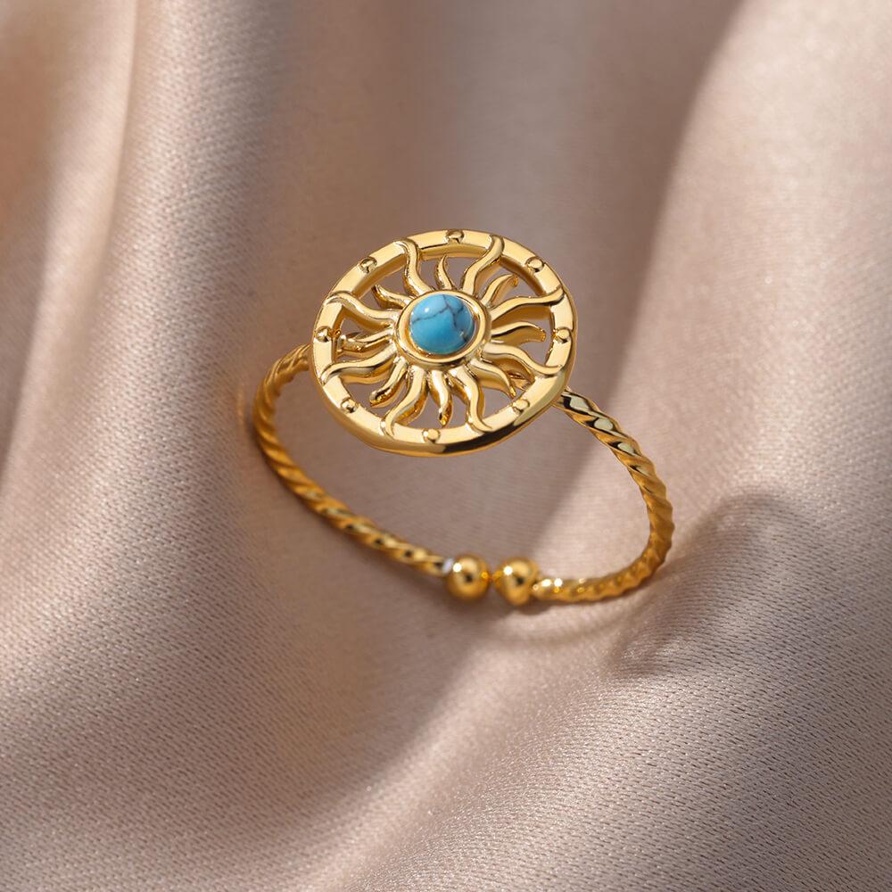Gold Color Stainless Steel Shell Rings For Women Vintage Oval Blue Stone Adjustable Ring Fashion Party Jewelry Anniversary Gift