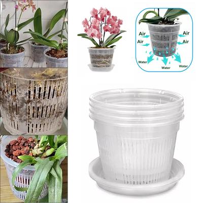5 Stück Meshpot Transparente Plastik-Orchideentöpfe mit Untersetzer Plastik Transparent Blumentopf Pflanzen Umtopfen Desktop-Pflanze Orchideentopf