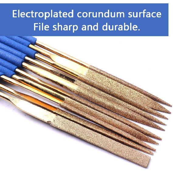 ATOPLEE Mini Diamond Needle File Set,10pcs 3x140mm Titanium Coated Diamond Files for Metal Glass Wood Stone Jewelry, Includes Round,Half