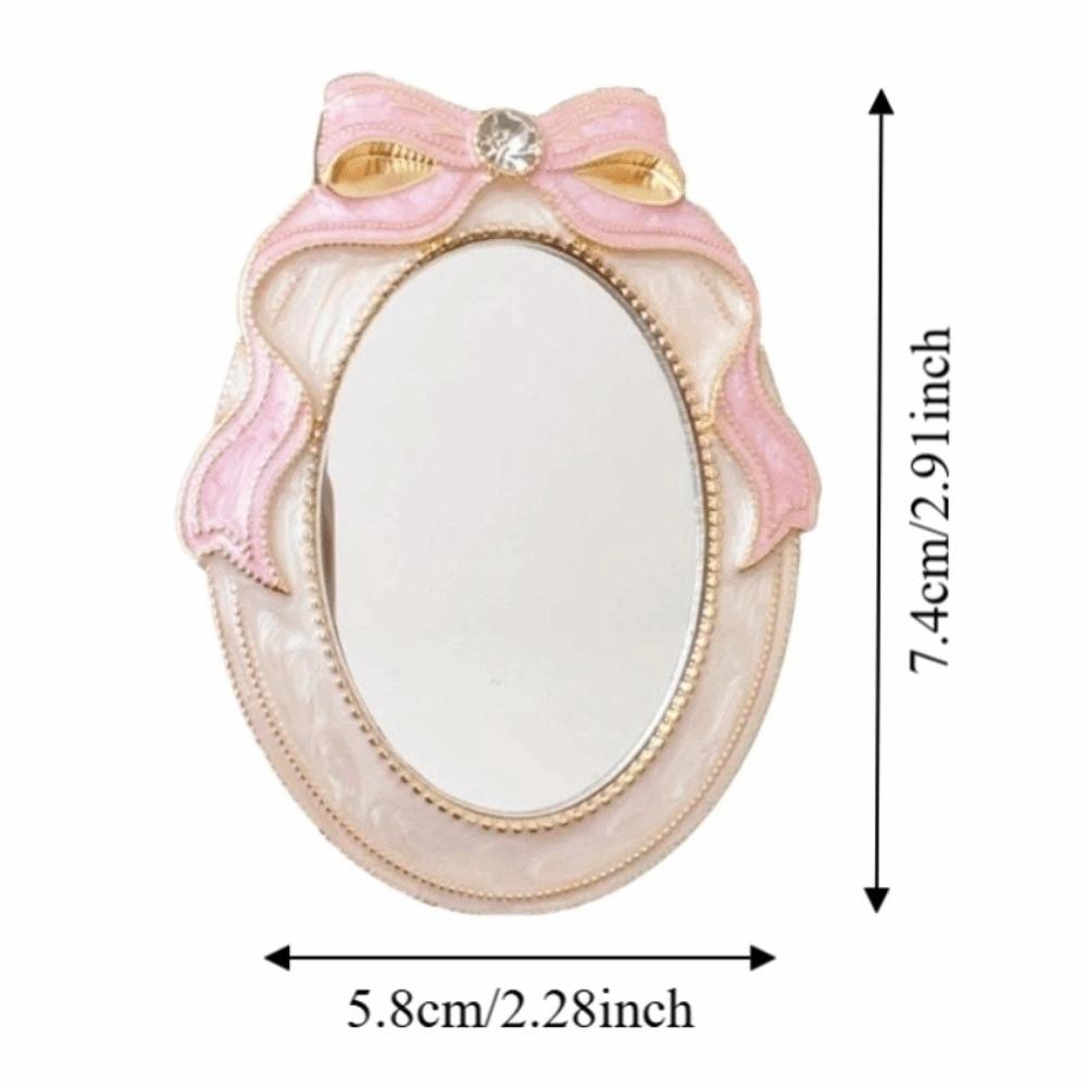 Mini Enamel Makeup Mirror Metal Frame Crystal Bow Mirror Lolita Embossment Mirror  Student Use