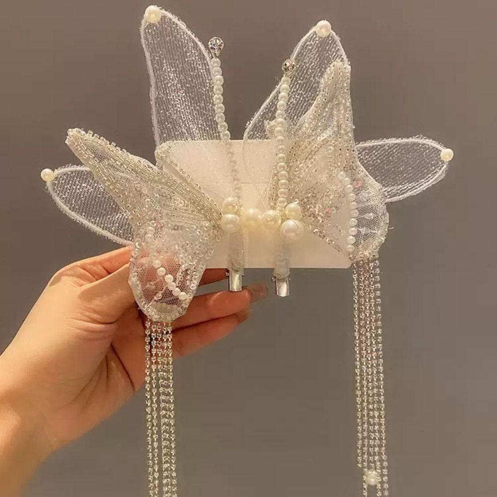 Large Pearl Barrettes Tassel Duckbill Clips Sweet Butterfly Hair Clips  Headwear